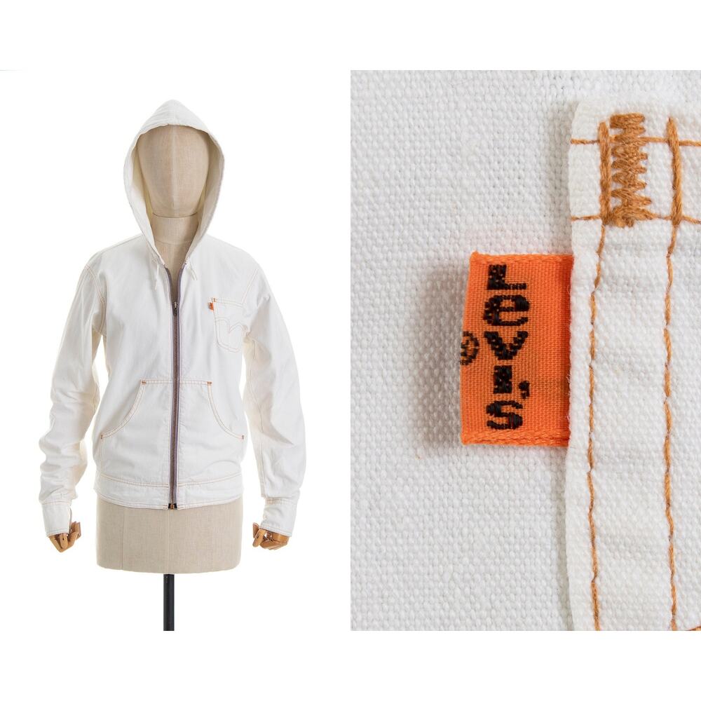 Vintage 1970s Jacket 70s LEVIS Orange Tab White Cotton Denim Hooded Zip Up Boho